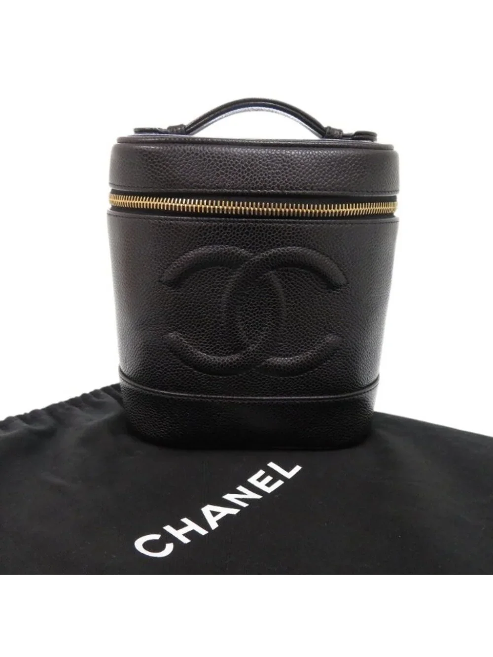 Chanel CC Logo Caviar Leather Black Gold Vanity Makeup Pouch